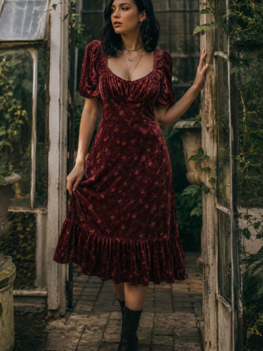 Lait Collection Velvet Floral Maxi Dress Cottagecore Whimsigoth Romantic Large